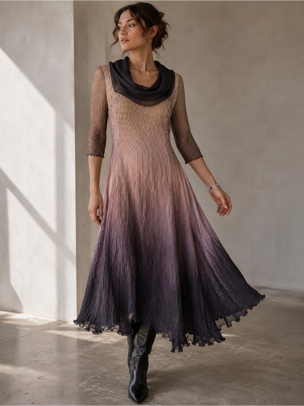 Komarov Pleated Crinkle Ombre Midi Dress Medium Art to Wear Sheer Sleeve